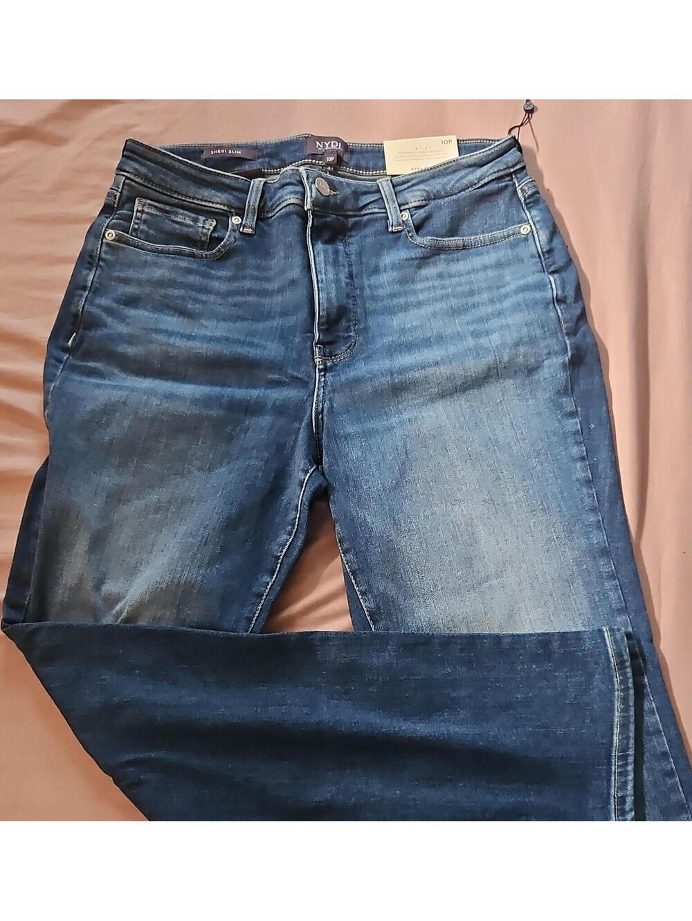 NYDJ Slim Straight Jeans Opera Blue Petite Button Accent Medium Wash 5-Pocket